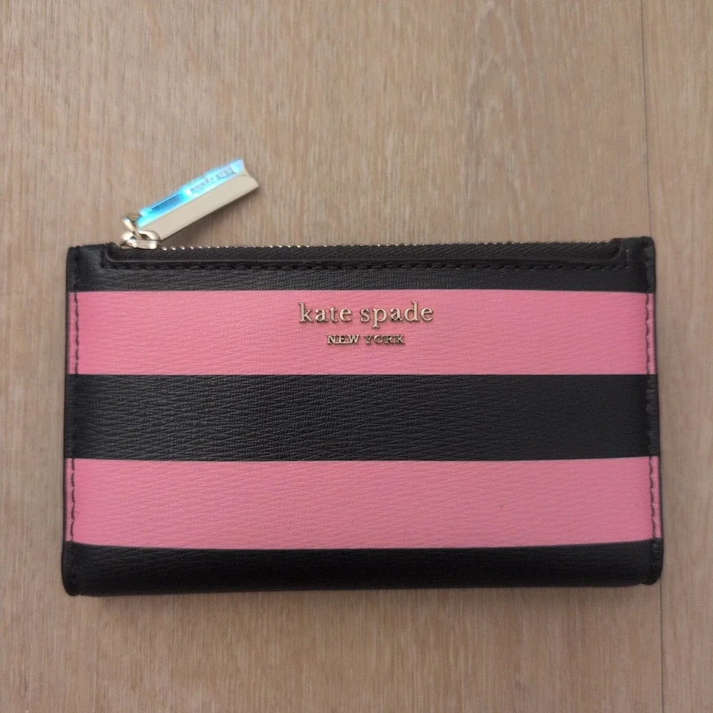 Kate Spade Sylvia Stripe Small Slim Bifold Wallet Pink Black PWRU7364